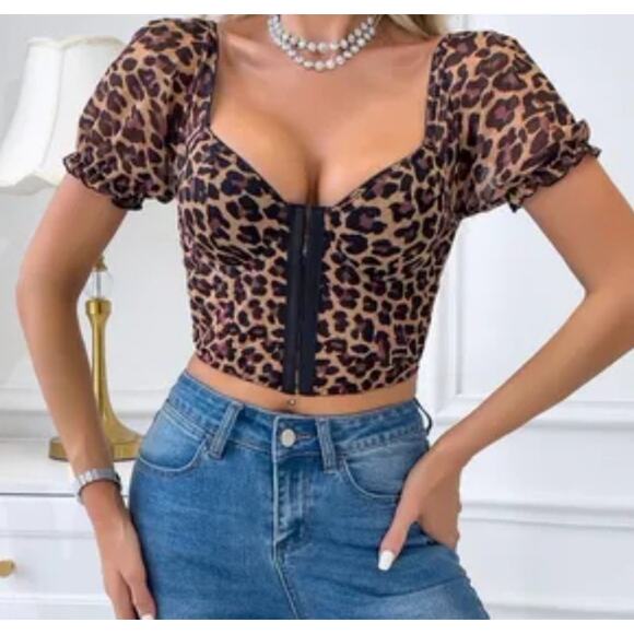 Leopard Print Front Closure Push Up Bustier Corsets Short Sleeve Top Sz S - Picture 1 of 9